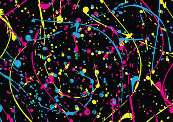 Abstract vector paint color splash on black color,purple, red, pink, and yellow splatter brush. illustration vector design background