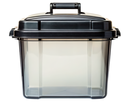 Clear plastic storage box with a black locking lid and handle on a transparent background