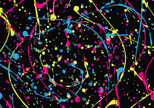 Abstract vector paint color splash on black color,purple, red, pink, and yellow splatter brush. illustration vector design background
