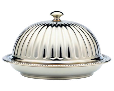 Elegant silver food dome cover with a decorative beaded plate on a transparent background