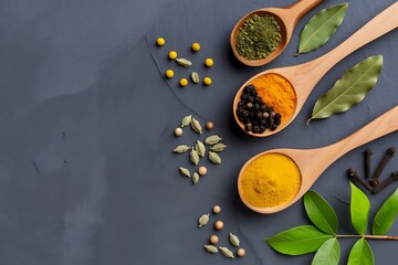 Fototapeta premium Overhead shot of wooden spoons filled with cumin, turmeric, and black pepper, accented with bay leaves and scattered spices