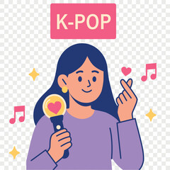 Colorful flat illustration of K-pop fan girl making finger heart and holding lightstick. Perfect for social media, fan merch, music-related content. Hand drawn simple vector on transparent background