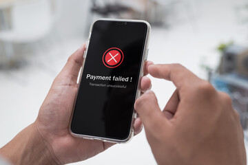 Payment failed, declined. Online financial transaction notification with red cross in application...