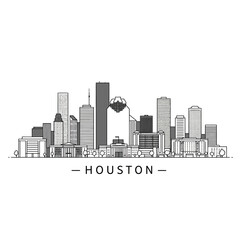 Houston Texas skyline silhouette evokes the city's architecture and urban landscape in a monochrome linear graphic style.