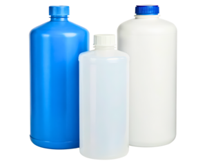 Three plastic laboratory bottles for chemical reagent storage on a transparent background