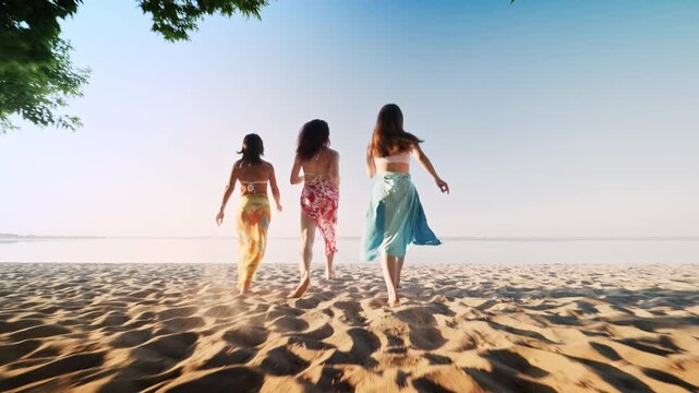 View of three young beautiful girls running out to the sand beach towards the sea with their hair flying in the wind, fun and carefree time at a tropical resort on a hot sunny summer day