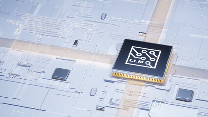 Digital Art Showcasing Futuristic LLM Microchip on Electronic Circuit Board for Innovation Visuals