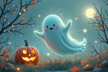 Fototapeta premium Cheerful ghost and carved pumpkin in spooky halloween night scene