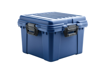 Blue storage container plastic box for household organization and stackable lid home on transparent background