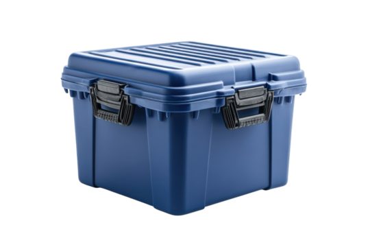 Blue storage container plastic box for household organization and stackable lid home on transparent background