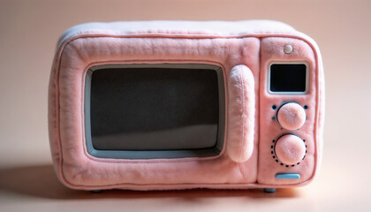 Cute plush microwave with digital display in soft pink color on beige background copy space