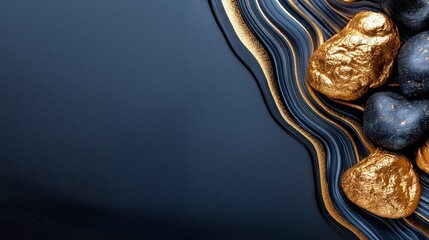 Luxurious cosmic blue and gold marble with ethereal swirling details featuring a unique design and ample copyspace for customization