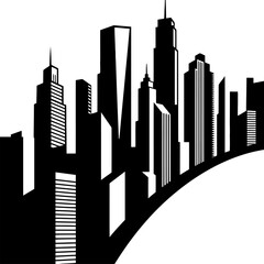 Dramatic cityscape skyline silhouette illustration showcases urban development with modern skyscrapers against a clean white backdrop.