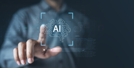 Artificial intelligence analytics technology. AI automation machine learning. Information data...