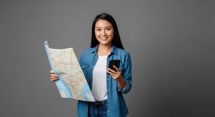 Fototapeta premium Young asian female holding map and smartphone against gray background