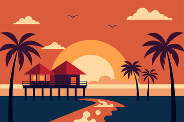 Obraz premium Sunset In Tropical Beach In Summer With Pier And Boat