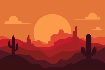 Sunset Over Desert Landscape With Canyon And Cactus