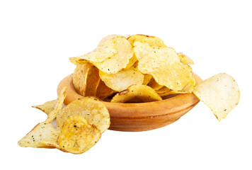 potato chips in a wooden plate isolated on white background