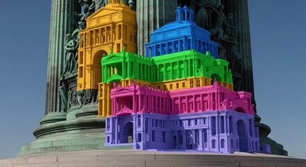 Colorful architectural structures against historical monument in urban setting