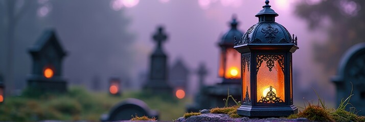 Misty graveyard with illuminated lanterns at dawn