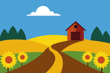 Fototapeta premium Watercolor Path Through Sunflower Field and Barn