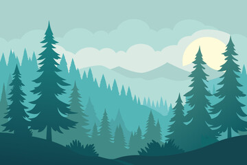 Fototapeta premium Watercolor Pine Forest With Mist And Morning Light