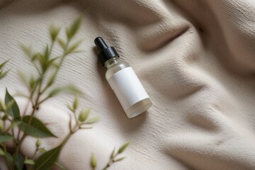 Serum Bottle on Soft Fabric with Greenery Surrounding It