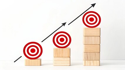 Strategic Goal – Ascending Wooden Blocks with Bullseye Target and Arrow
