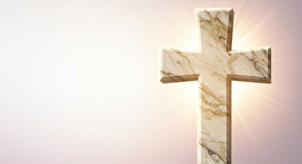 Marble cross shines with divine light, background blends from brilliant white to soft pastel gradients