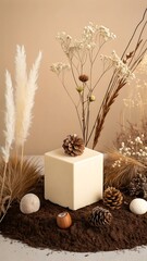 Obraz premium Minimalist still life featuring a cream cube adorned with a pinecone surrounded by dried grasses and natural elements
