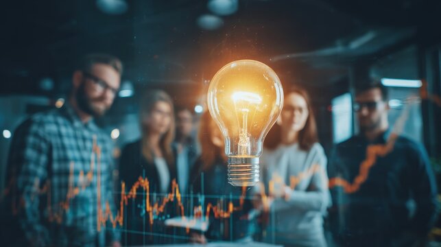 A glowing light bulb symbolizes innovation as a diverse team brainstorms in a modern office with digital data overlays.