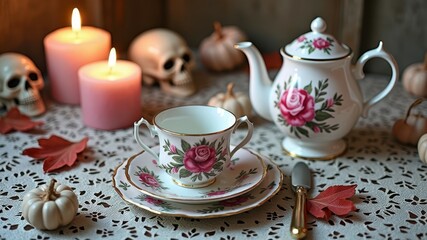Vintage tea set on lace tablecloth with candles and autumn decorations