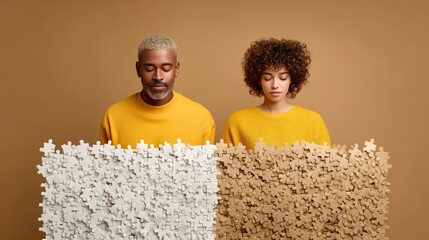 A diverse couple stands thoughtfully holding puzzle pieces. They wear bright yellow sweaters that symbolize creativity and connection. This image conveys unity and togetherness. AI