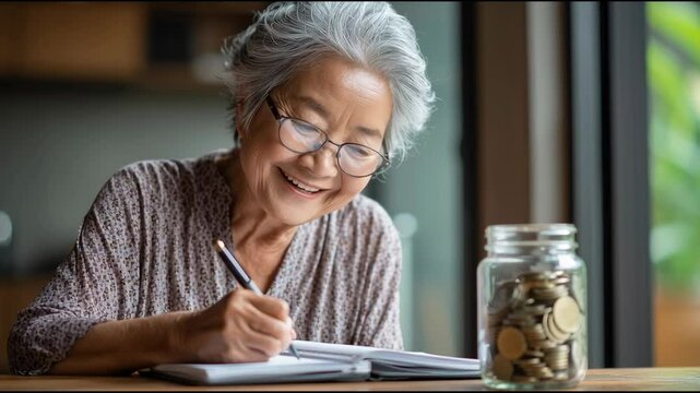 An elderly woman with glasses is writing in a notebook beside a jar filled with coins, smiling warmly by a window.