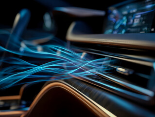 Futuristic car interior with illuminated digital display and dynamic light effects