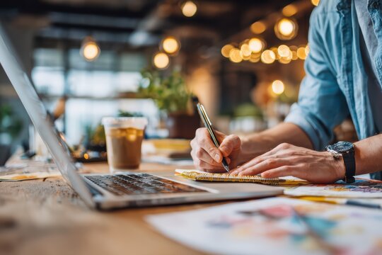 an Asian graphic designer working on a laptop at a creative studio - Powered by Adobe