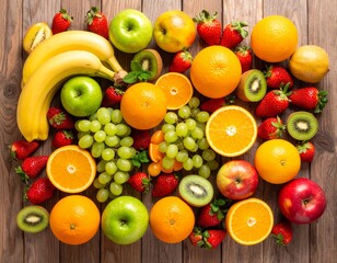 Fresh assorted fruits on rustic table – top view flat lay photo

