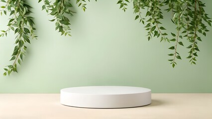 Serene Minimalist Product Display: White Cylinder Pedestal, Sage Green Background, Cascading Greenery