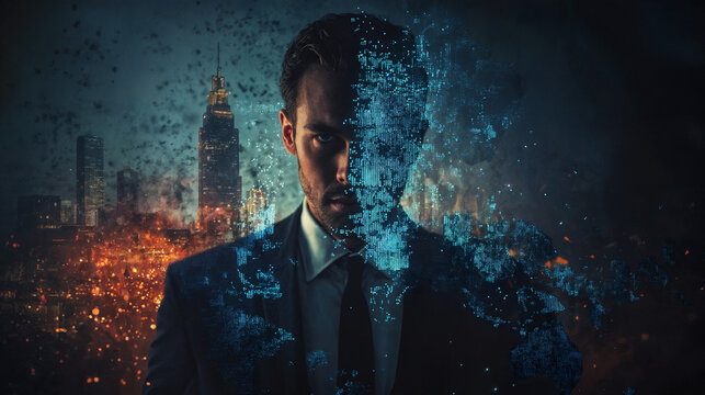Dramatic double exposure of a businessman with a cityscape background. Captivating visual for online business themes, symbolizing innovation, ambition, and digital transformation.
