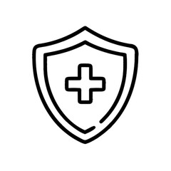 Obraz premium Vector illustration of a medical shield icon with cross, outline style - health protection, insurance, and security 