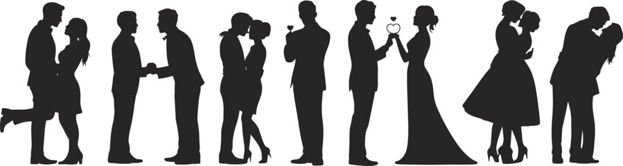 Romantic Couple Silhouettes, Wedding, Love, Relationship, Affectionate Poses, Bride and Groom, Marriage, Celebration, Engagement, Vector