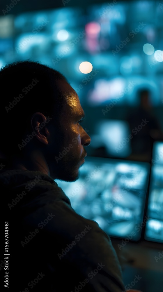 Poster security officer monitoring multiple surveillance feeds in command center