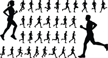 Diverse Running Silhouettes, Male and Female Runners, Jogging, Fitness, Sport, Exercise, Marathon, Healthy Lifestyle, Training, Vector