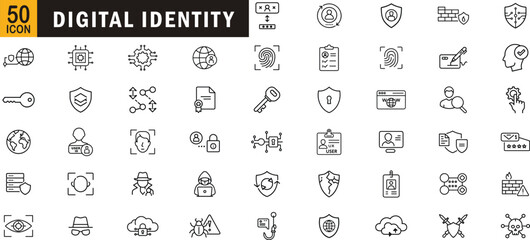 Digital identity editable outline icon set. Biometrics, authentication, user verification, data protection, cybersecurity and privacy.
