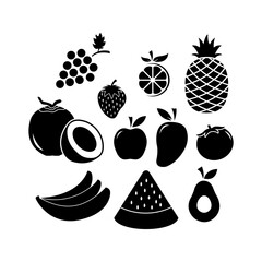 Set of Black Silhouette Fruit Icons Featuring Popular Varieties