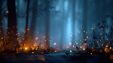 Defocused forest background with fireflies and eerie shadows, Halloween ambiance, magical horror. 