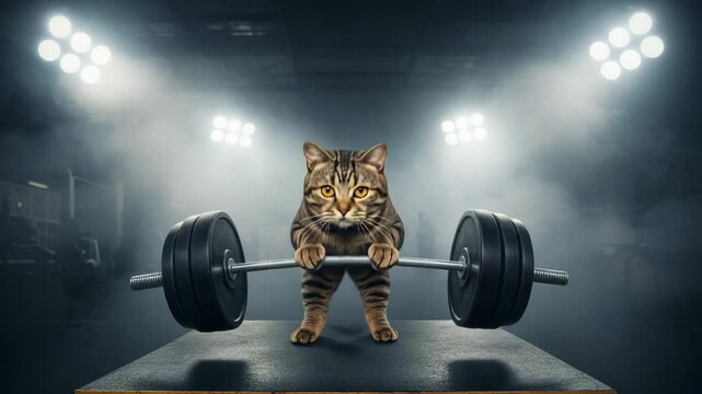 Triumphant Tabby Cat Lifting Heavy Barbell Under Intense Stage Lights and Smoke