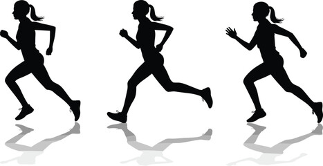 Dynamic Female Running Silhouettes, Jogging, Sport, Fitness, Exercise, Healthy Lifestyle, Active Woman, Marathon Training, Vector Illustration