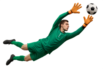 Male Soccer Goalkeeper Diving to Catch Ball, Making a Dynamic Save During a Football Match