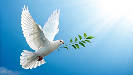 White Dove with Green Branch in Flight Over Blue Sky Representing Global Hope
